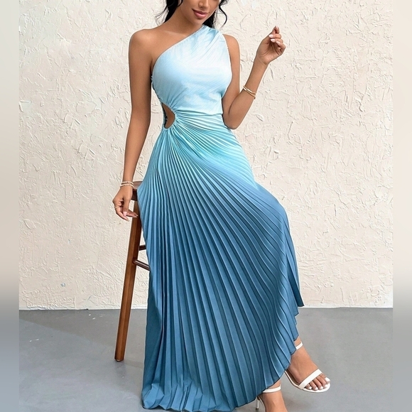 Beach Floral Printed One-Shoulder Pleated Hollow Out Drawstring Dress - Picture 1 of 5